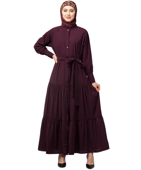 Wine Matt Nida Front open gather and frill with belt Casual Abaya