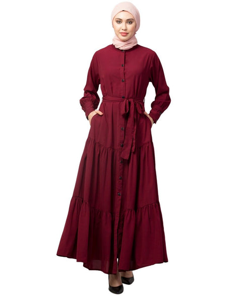 Maroon Matt Nida Front open gather and frill with belt Casual Abaya