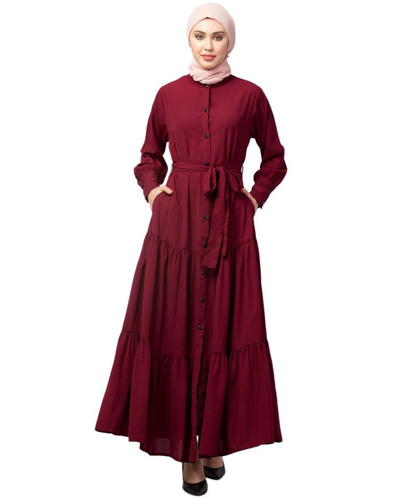 Maroon Matt Nida Front open gather and frill with belt Casual Abaya