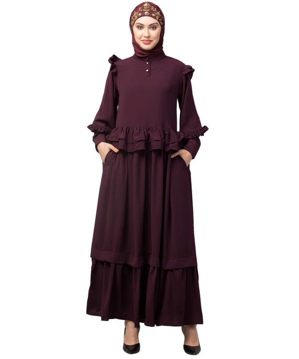 Wine Matt Nida Frill at waist shoulder double sleeve flare casual Abaya
