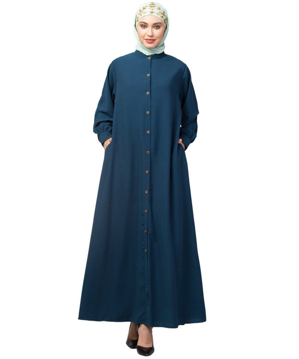 Teal Blue Matt Nida Front open Band Colar & cuff Daily wear casual Abaya