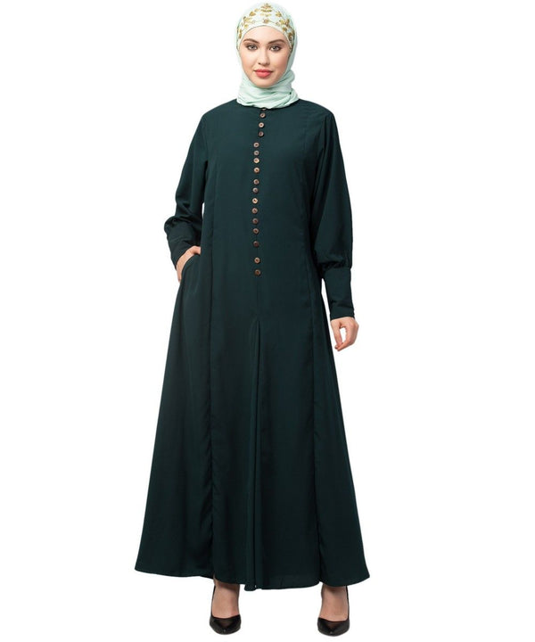 Green Matt Nida Long Cuff buttons till waist umbrella Abaya