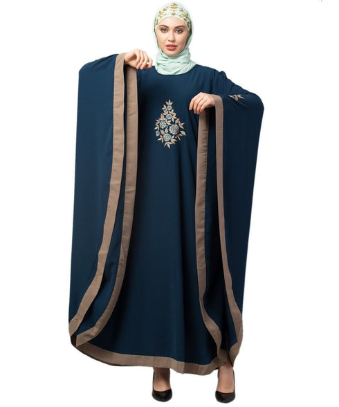 Teal/Khaki Matt Nida Contrast border front and sleeve embroidery Kaftan