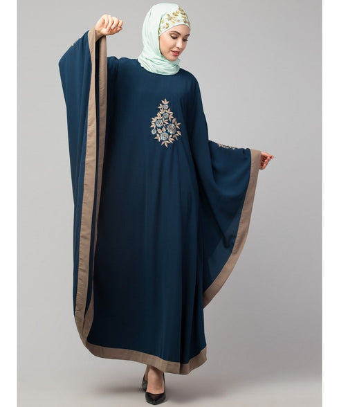 Teal/Khaki Matt Nida Contrast border front and sleeve embroidery Kaftan
