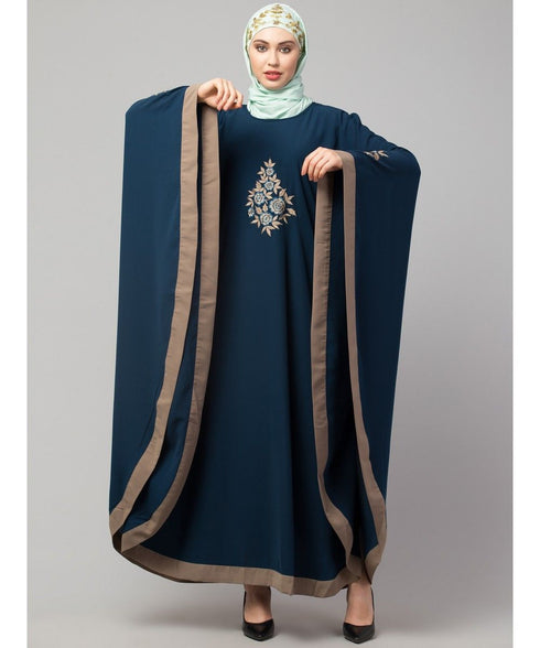 Teal/Khaki Matt Nida Contrast border front and sleeve embroidery Kaftan
