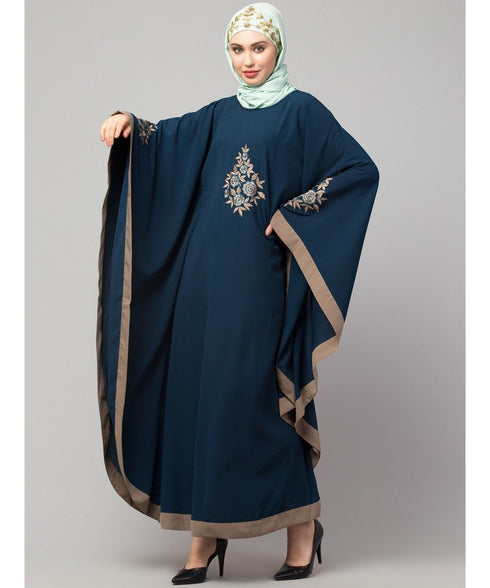 Teal/Khaki Matt Nida Contrast border front and sleeve embroidery Kaftan
