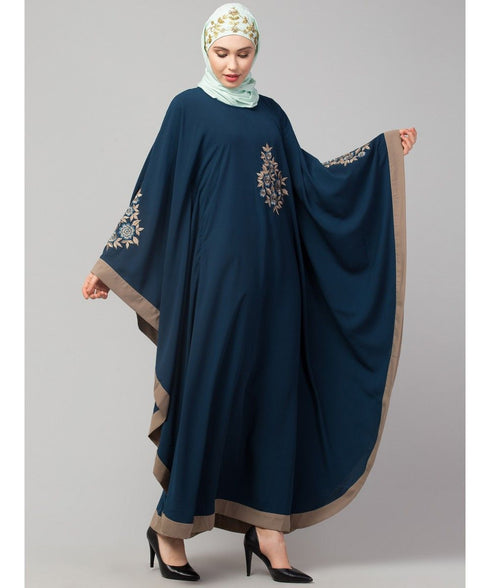 Teal/Khaki Matt Nida Contrast border front and sleeve embroidery Kaftan