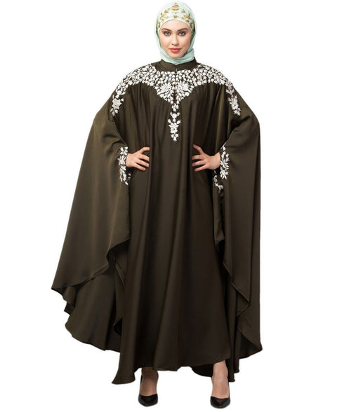 Olive Gree Matt Nida Front to back & at hand opening Resham Embroidery Irani Kaftan