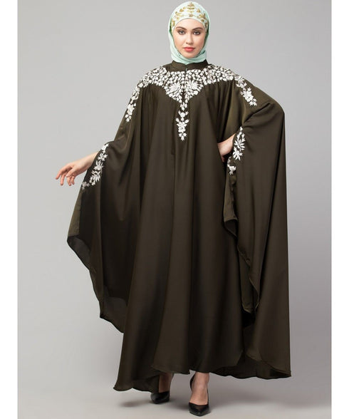 Olive Gree Matt Nida Front to back & at hand opening Resham Embroidery Irani Kaftan