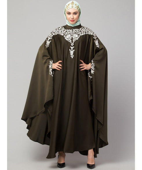 Olive Gree Matt Nida Front to back & at hand opening Resham Embroidery Irani Kaftan