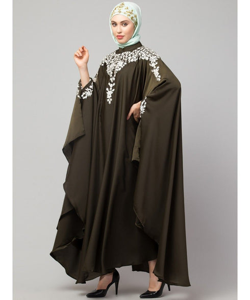 Olive Gree Matt Nida Front to back & at hand opening Resham Embroidery Irani Kaftan
