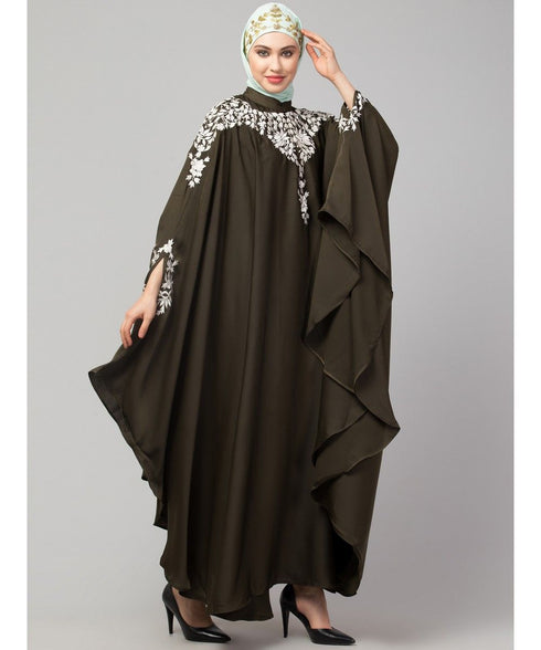 Olive Gree Matt Nida Front to back & at hand opening Resham Embroidery Irani Kaftan