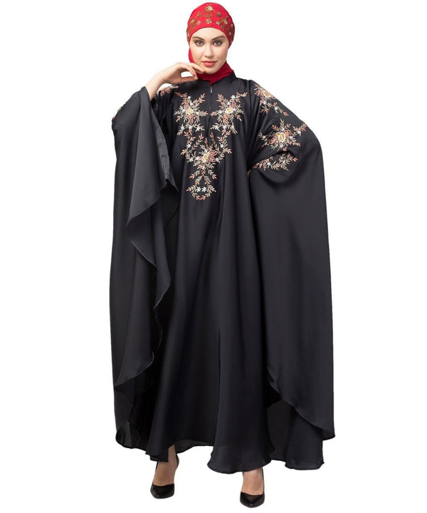 Dark Grey Premium Shine Nida front and sleeve resham embroidery Irani Kaftan