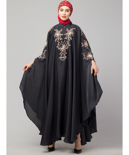 Dark Grey Premium Shine Nida front and sleeve resham embroidery Irani Kaftan