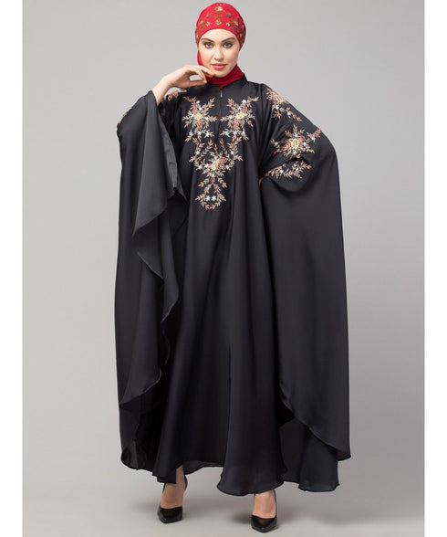 Dark Grey Premium Shine Nida front and sleeve resham embroidery Irani Kaftan