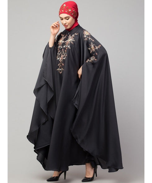 Dark Grey Premium Shine Nida front and sleeve resham embroidery Irani Kaftan