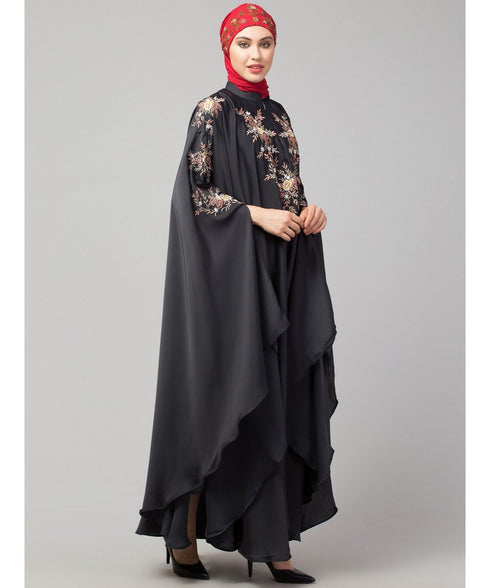 Dark Grey Premium Shine Nida front and sleeve resham embroidery Irani Kaftan
