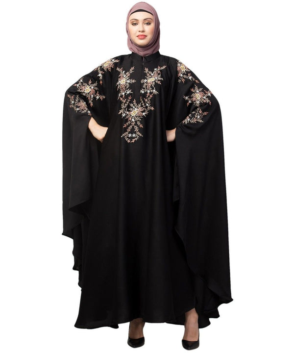 Black Premium Shine Nida front and sleeve resham embroidery Irani Kaftan