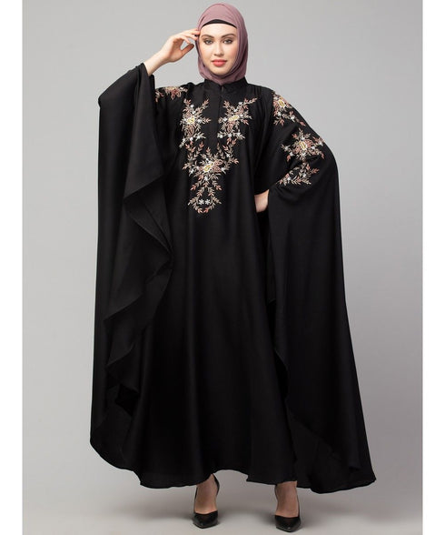 Black Premium Shine Nida front and sleeve resham embroidery Irani Kaftan