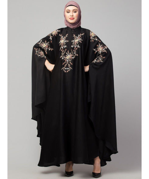 Black Premium Shine Nida front and sleeve resham embroidery Irani Kaftan