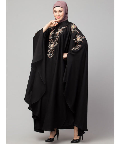 Black Premium Shine Nida front and sleeve resham embroidery Irani Kaftan