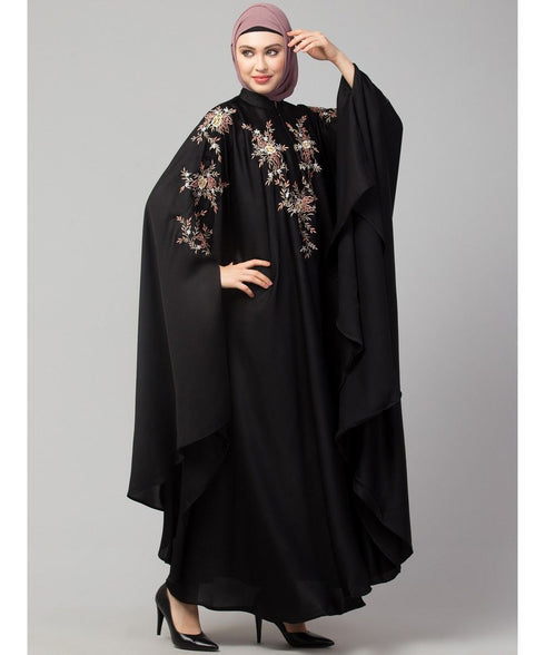 Black Premium Shine Nida front and sleeve resham embroidery Irani Kaftan