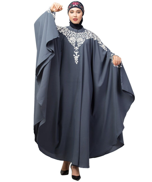 Grey Matt Nida Front to back & at hand opening Resham Embroidery Irani Kaftan