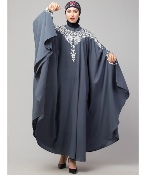 Grey Matt Nida Front to back & at hand opening Resham Embroidery Irani Kaftan