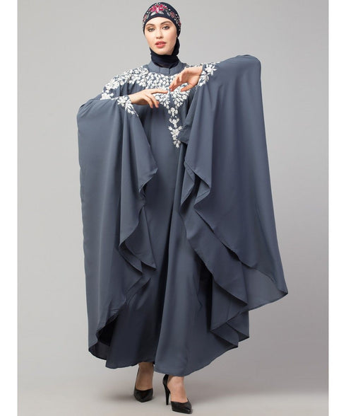 Grey Matt Nida Front to back & at hand opening Resham Embroidery Irani Kaftan