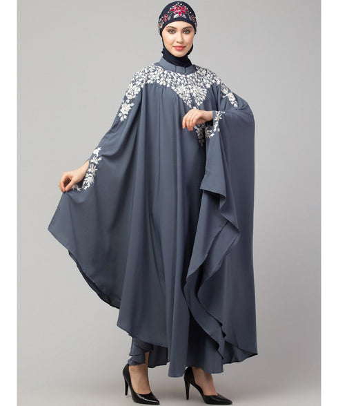 Grey Matt Nida Front to back & at hand opening Resham Embroidery Irani Kaftan