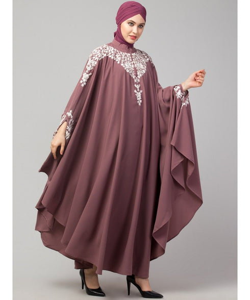 Mauve Pink Matt Nida Front to back & at hand opening Resham Embroidery Irani Kaftan
