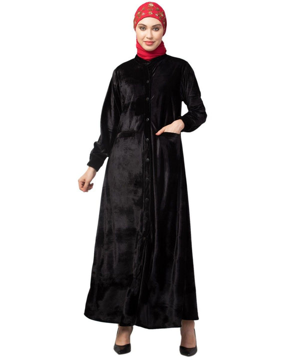 Black Velvet Front open Coat pocket Velvet casual Abaya