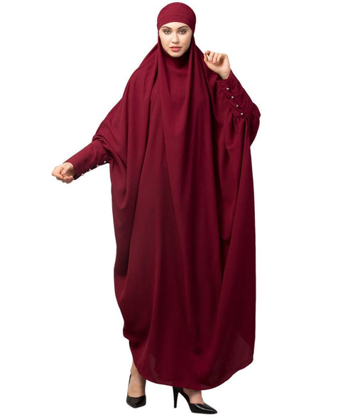 Maroon Matt Nida Head to toe long cuff ready to wear one pc hijab with Naqab