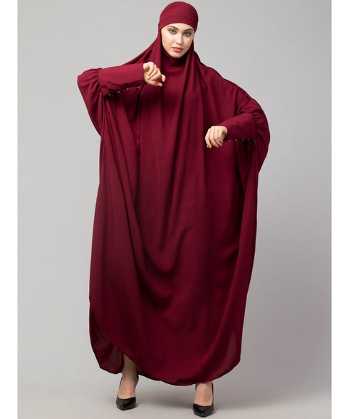 Maroon Matt Nida Head to toe long cuff ready to wear one pc hijab with Naqab