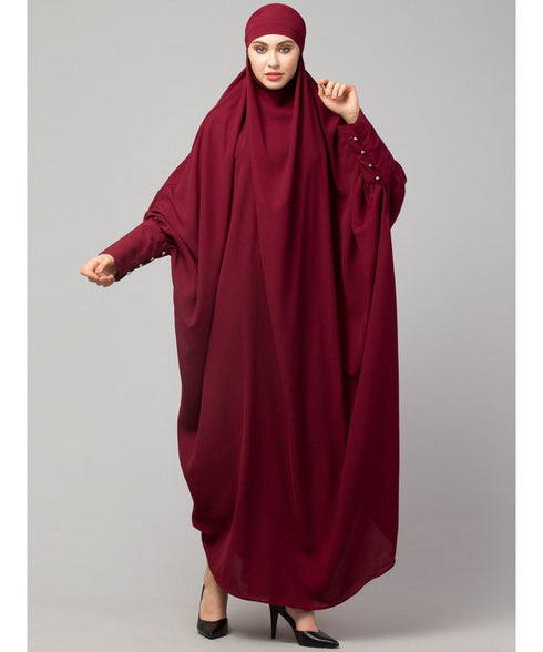 Maroon Matt Nida Head to toe long cuff ready to wear one pc hijab with Naqab