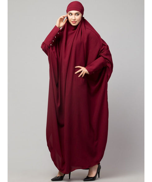 Maroon Matt Nida Head to toe long cuff ready to wear one pc hijab with Naqab