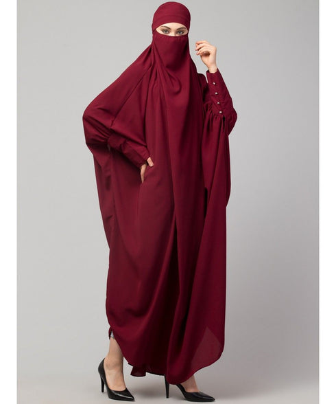 Maroon Matt Nida Head to toe long cuff ready to wear one pc hijab with Naqab