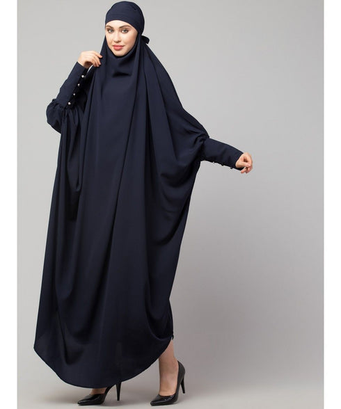 Navy Blue Matt Nida Head to toe long cuff ready to wear one pc hijab with Naqab