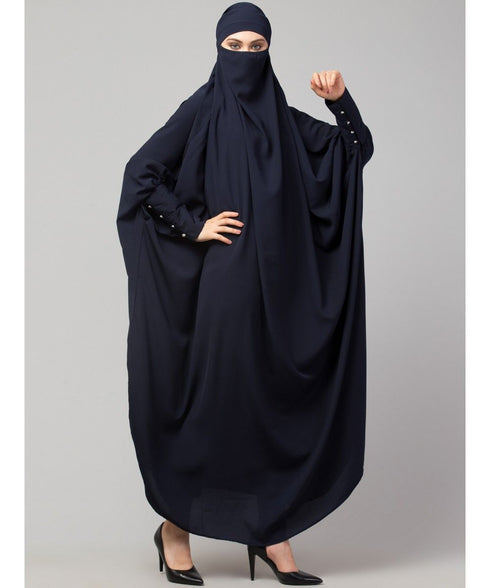 Navy Blue Matt Nida Head to toe long cuff ready to wear one pc hijab with Naqab