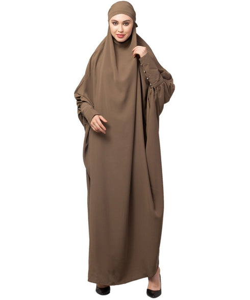 Khaki / Beige Matt Nida Head to toe long cuff ready to wear one pc hijab with Naqab