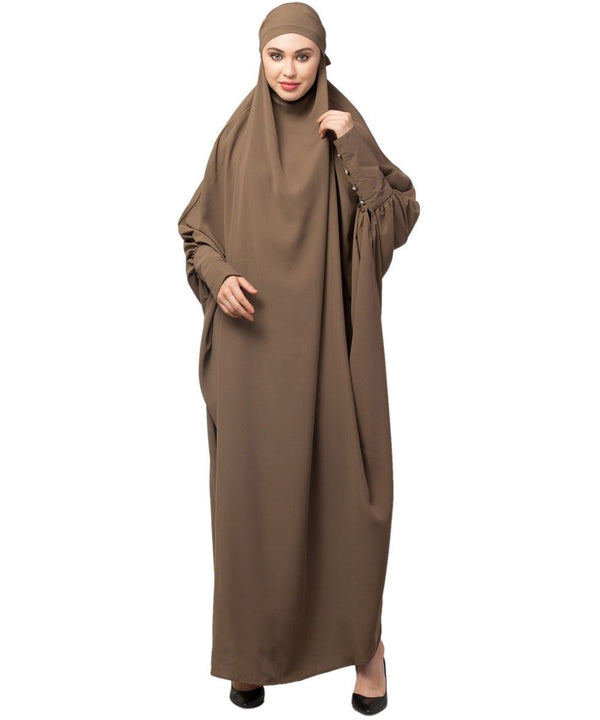 Khaki / Beige Matt Nida Head to toe long cuff ready to wear one pc hijab with Naqab