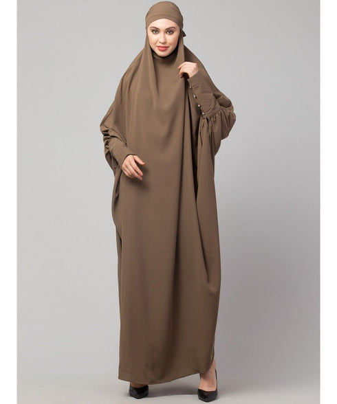 Khaki / Beige Matt Nida Head to toe long cuff ready to wear one pc hijab with Naqab