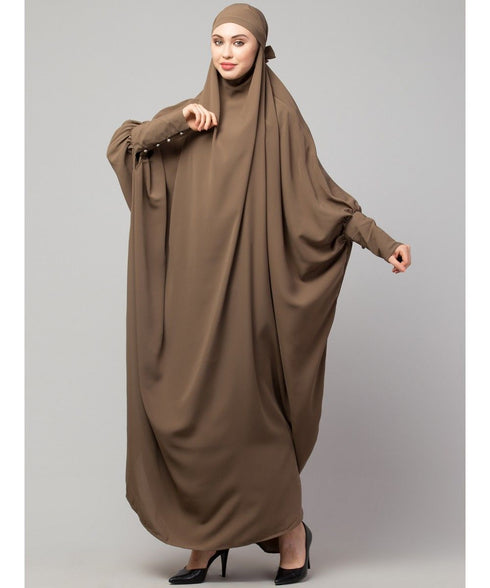 Khaki / Beige Matt Nida Head to toe long cuff ready to wear one pc hijab with Naqab