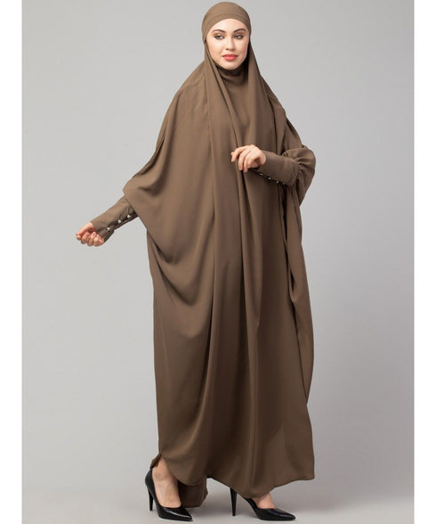 Khaki / Beige Matt Nida Head to toe long cuff ready to wear one pc hijab with Naqab
