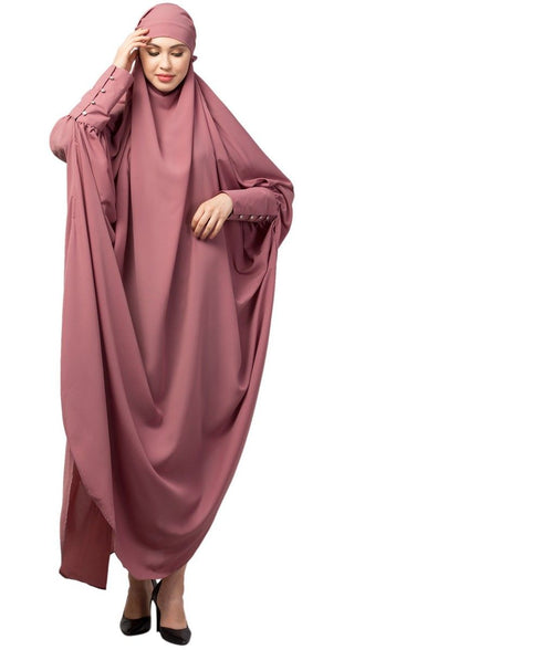 Mauve Pink Matt Nida Head to toe long cuff ready to wear one pc hijab with Naqab