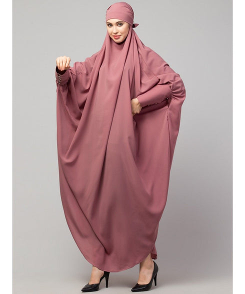 Mauve Pink Matt Nida Head to toe long cuff ready to wear one pc hijab with Naqab