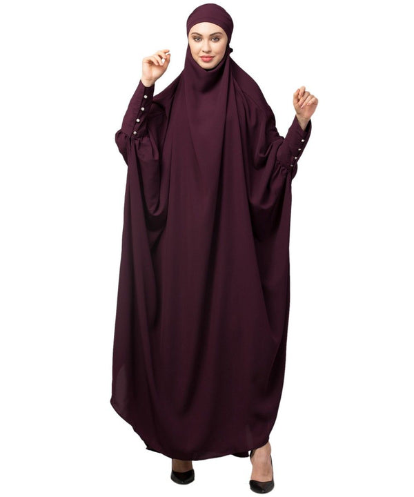 Wine Matt Nida Head to toe long cuff ready to wear one pc hijab with Naqab