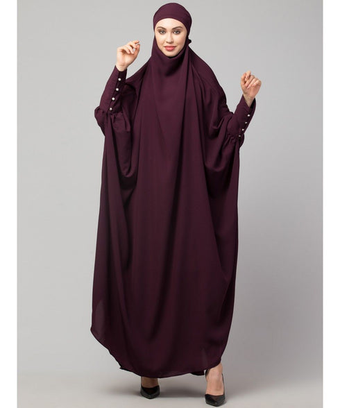 Wine Matt Nida Head to toe long cuff ready to wear one pc hijab with Naqab