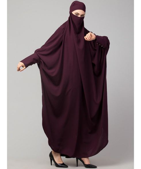 Wine Matt Nida Head to toe long cuff ready to wear one pc hijab with Naqab