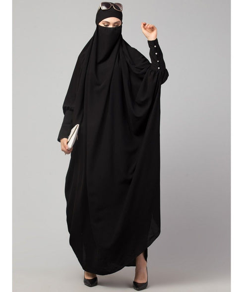 Black Matt Nida Head to toe long cuff ready to wear one pc hijab with Naqab